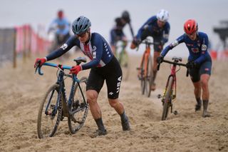 OOSTENDE BELGIUM JANUARY 30 Katherine Compton of The United States and Rebeca Gariboldi of Italy during the 72nd UCI CycloCross World Championships Oostende 2021 Women Elite a 146km UCICX CXWorldCup Ostend2021 CX on January 30 2021 in Oostende Belgium Photo by Luc ClaessenGetty Images