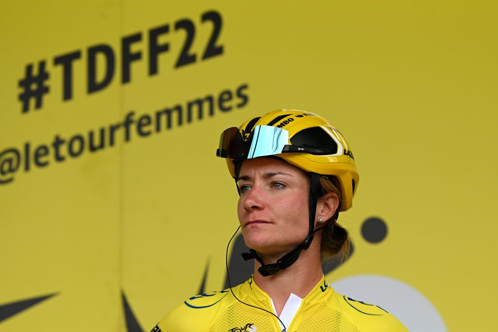 ROSHEIM FRANCE JULY 29 Marianne Vos of Netherlands and Jumbo Visma Women Team Yellow Leader Jersey prior to the 1st Tour de France Femmes 2022 Stage 6 a 1286km stage from SaintDidesVosges to Rosheim TDFF UCIWWT on July 29 2022 in Rosheim France Photo by Dario BelingheriGetty Images