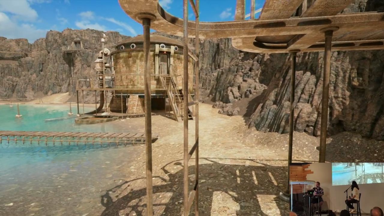 on-stream view of gameplay from the remake of Riven: The Sequel to Myst, showing a boiler on the shore of a crater lake with scaffolding going out into the middle of the lake