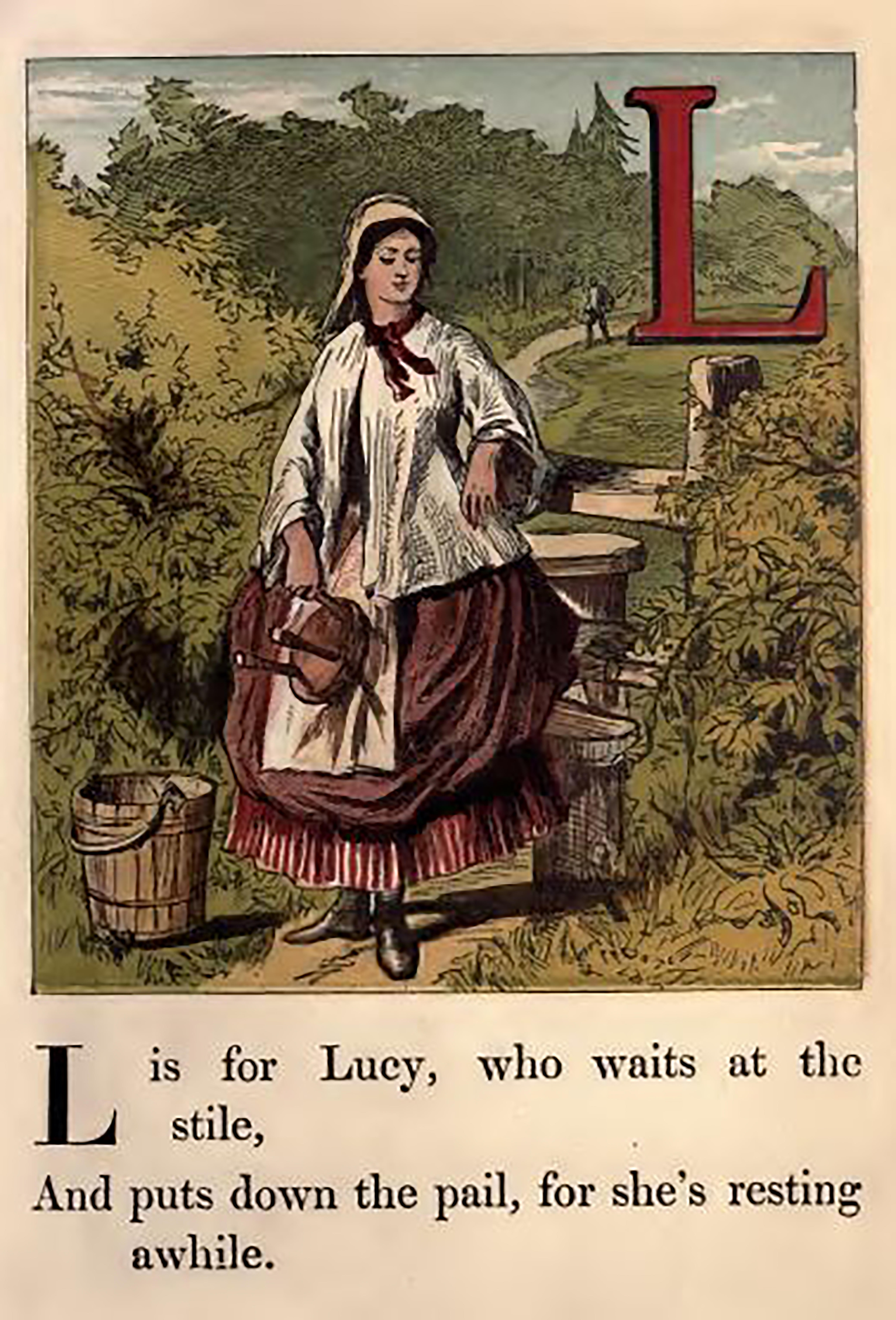 An illustration from an old-fashioned children&#039;s book which features a woman sat on a stile. Text underneath this reads: &#039;L is for Lucy, who waits at the stile, and puts down the pail, for she&#039;s resting awhile.&#039;
