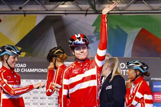 Denmark’s Amalie Dideriksen waves to the crowd at the 2019 UCI Road World Championships in Yorkshire