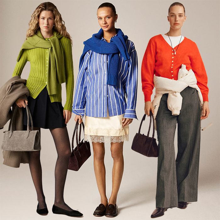 A group of models is wearing J.Crew's newest winter arrivals. One model wears a green sweater, a mini skirt, a gray handbag, tights, and flats. Another model wears button down shirt, a lacey skirt, and a brown handbag. Another model wears a red cardigan layered over a white top with gray trousers. Another model wears a cardigan and jeans. Lastly, the final model wears ra eal leather jacket, cropped pants, and red flats. 