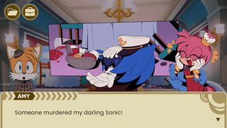 Amy cries out "Someone murdered my darling Sonic!" while Sonic lies dead in the background.