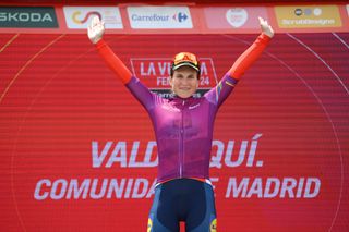 VALDESQUI COMUNIDAD DE MADRID MADRID SPAIN MAY 05 Elisa Longo Borghini of Italy and Team Lidl Trek celebrates at podium as Pink UCI Womens WorldTour Leader Jersey winner during the 10th La Vuelta Femenina 2024 Stage 8 a 895km stage from Distrito Telefonica Madrid to Valdesqui Comunidad de Madrid 1860m UCIWWT on May 05 2024 in Valdesqui Comunidad De Madrid Madrid Spain Photo by Alex BroadwayGetty Images