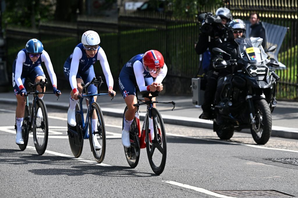 Riders from France take part in the Team Time Trial Mixed Relay road race during the UCI Cycling World Championships in Glasgow Scotland on August 8 2023 Photo by Oli SCARFF AFP Photo by OLI SCARFFAFP via Getty Images