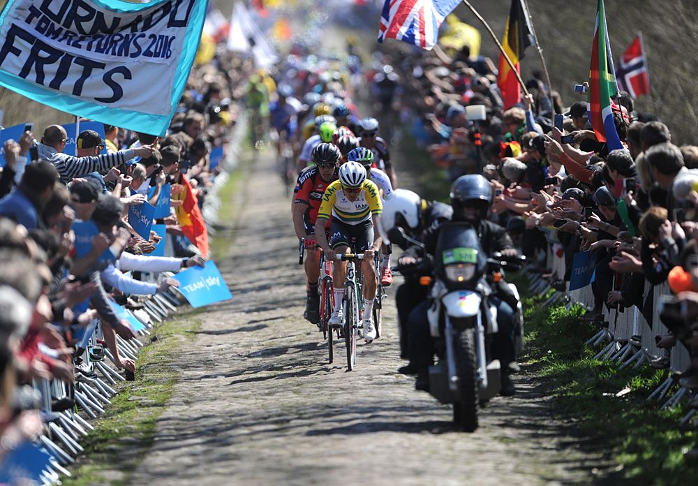 The peloton rides through the Trouee d'Arenberg
