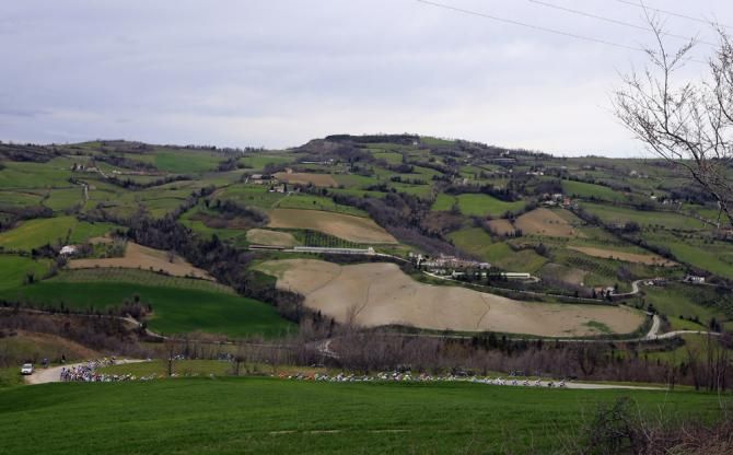The peloton in action during the opening Coppi e Bartali stage.