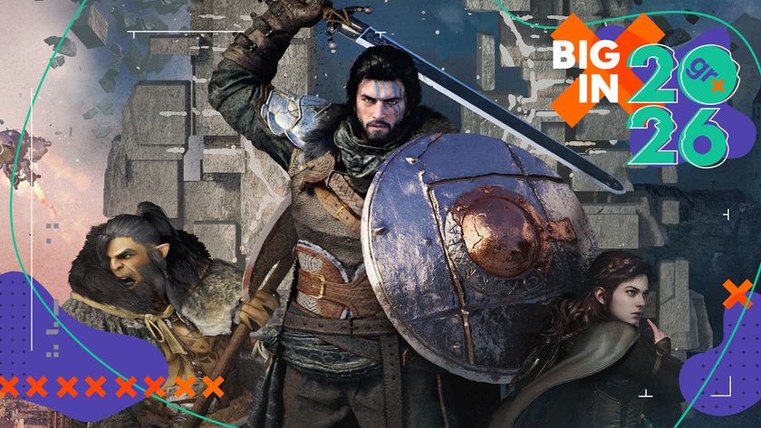 Key art showing cliff with sword and shield in hand with supporting characters behind him and a lush world filled with ancient ruins behind him, with the GamesRadar+ Big in 2026 frame