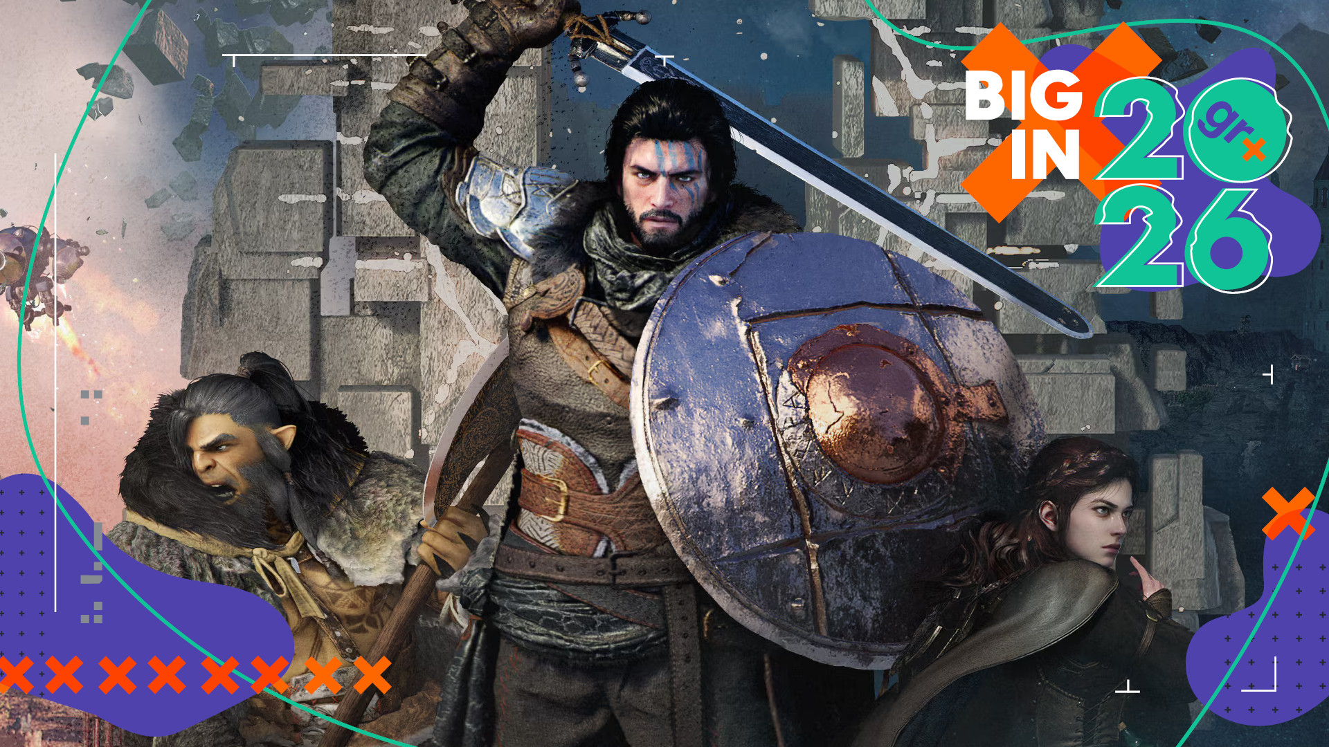 Key art showing cliff with sword and shield in hand with supporting characters behind him and a lush world filled with ancient ruins behind him, with the GamesRadar+ Big in 2026 frame