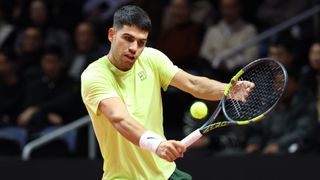 Carlos Alcaraz of Spain returns a shot against Jannik Sinner of Italy during the Hyundai Card Super Match between Jannik Sinner and Carlos Alcaraz at Inspire Arena on January 10, 2026 in Incheon, South Korea.