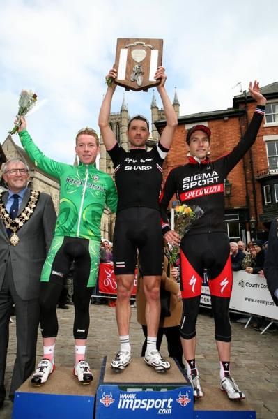 The winner's podium (L to R): second placed Phil Lavery (Team Ireland), winner Chris Newton (Rapha-Condor-Sharp), third Simon Richardson (Sigma Sport)