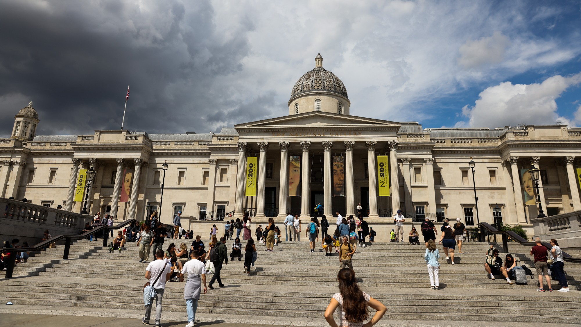 A front-on view of the National Gallery, in Trafalgar Square, London