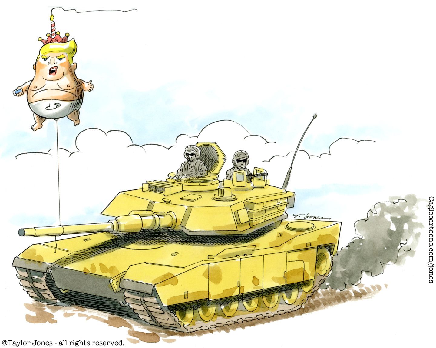 
                                This cartoon shows a fierce looking tank in motion. A balloon resembling Donald Trump is attached to its front gun. Trump is drawn to resemble a chubby toddler in a diaper. The balloon has a crown on top and a  birthday candle.
                            
