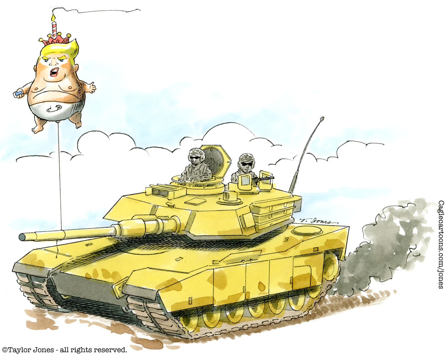 This cartoon shows a fierce looking tank in motion. A balloon resembling Donald Trump is attached to its front gun. Trump is drawn to resemble a chubby toddler in a diaper. The balloon has a crown on top and a birthday candle.