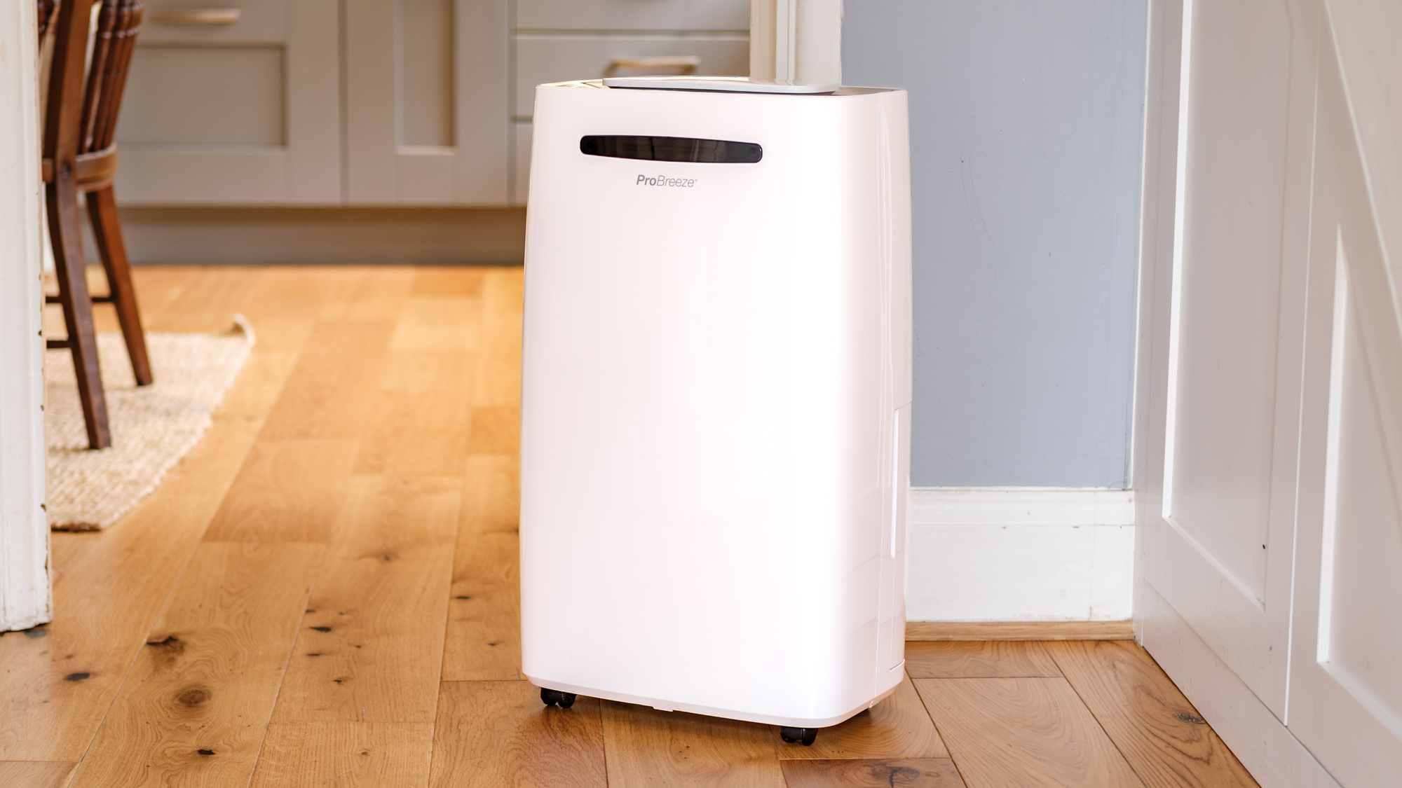 The Pro Breeze 50-pint Dehumidifier on a hard wood floor in a home environment