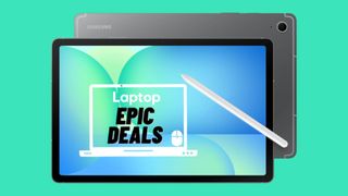 Gray Samsung Galaxy Tab S10 FE tablet with S Pen against a turquoise background.