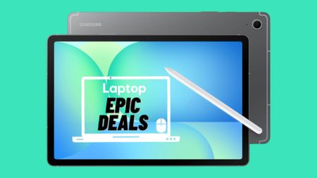 Gray Samsung Galaxy Tab S10 FE tablet with S Pen against a turquoise background.