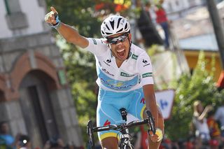 Fabio Aru celebrates winning the Leaders Jersey Stage 20 of the 2015 Vuelta Espana