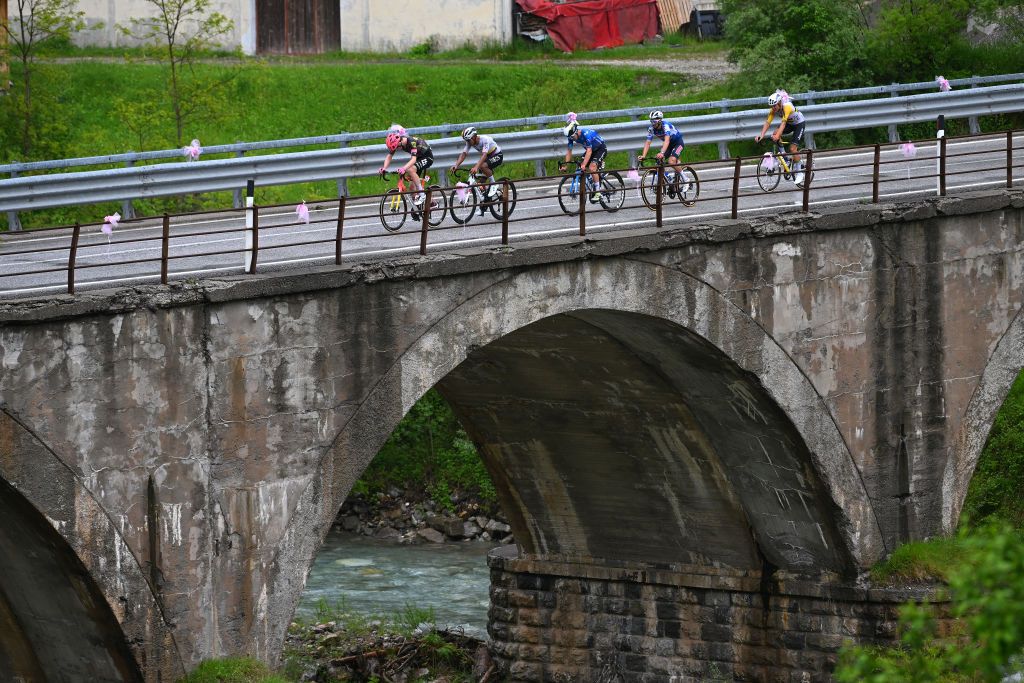 SAPPADA ITALY MAY 24 LR Georg Steinhauser of Germany and Team EF Education EasyPost Jhonatan Narvaez of Ecuador and Team INEOS Grenadiers Pelayo Sanchez of Spain and Movistar Team Julian Alaphilippe of France and Team Soudal QuickStep and Luke Plapp of Australia and Team Jayco AlUla compete in the chase group during the 107th Giro dItalia 2024 Stage 19 a 157km stage from Mortegliano to Sappada 1236m UCIWT on May 24 2024 in Sappada Italy Photo by Dario BelingheriGetty Images