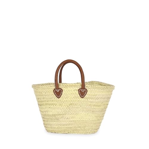 Small French Basket Bag With Leather Handles - Mini Woven Straw Tote for Women, Chic Boho Handbag, Stylish Beach Purse, Compact Eco-Friendly Market Basket (brown Handles)