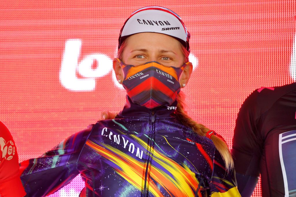 GALMAARDEN BELGIUM JUNE 24 Alena Amialiusik of Belarus and Team CanyonSRAM Racing celebrates at podium during the 9th Lotto Belgium Tour 2021 Stage 2 a 1375km stage from Galmaarden to Galmaarden LottoBelgTour LottoBelgiumTour on June 24 2021 in Galmaarden Belgium Photo by Luc ClaessenGetty Images