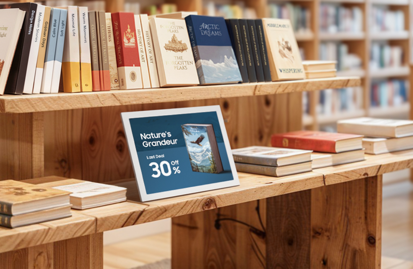 Samsung's new e-paper solution in a bookstore and makeup shop.