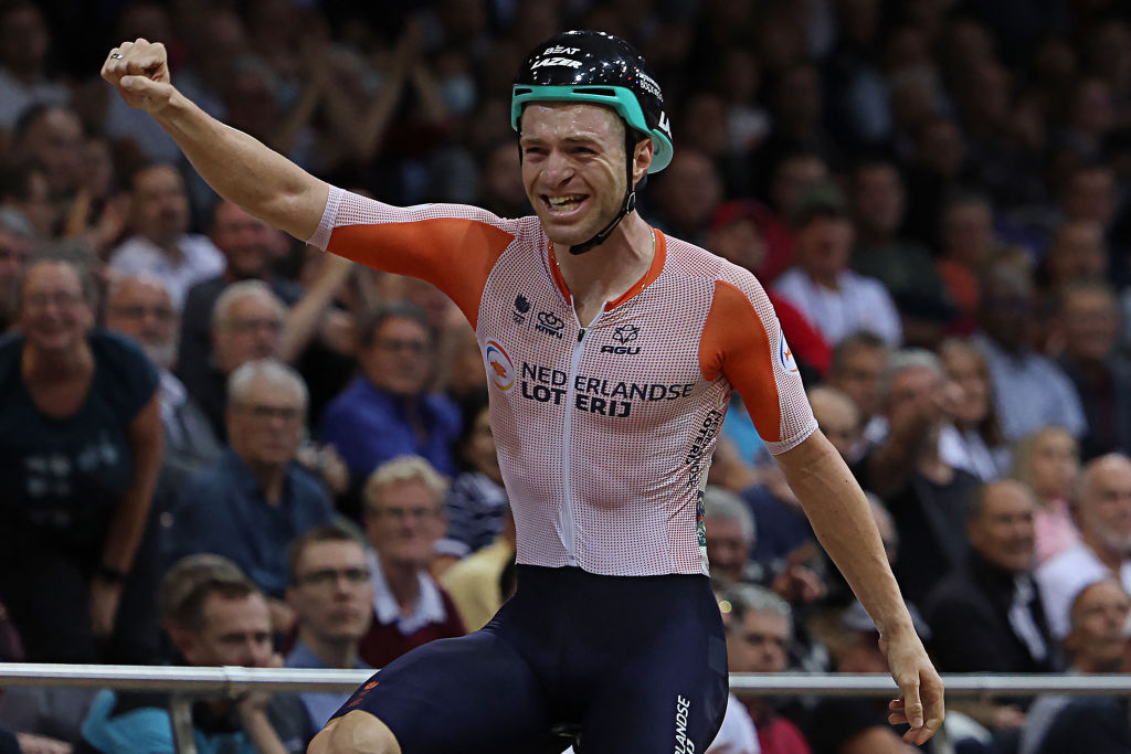 Netherlands Yoeri Havik celebrates his victory after winning the Mens Points Race 40 km final during the UCI Track Cycling World Championships at the Velodrome of SaintQuentinenYvelines southwest of Paris on October 14 2022 Photo by Thomas SAMSON AFP Photo by THOMAS SAMSONAFP via Getty Images