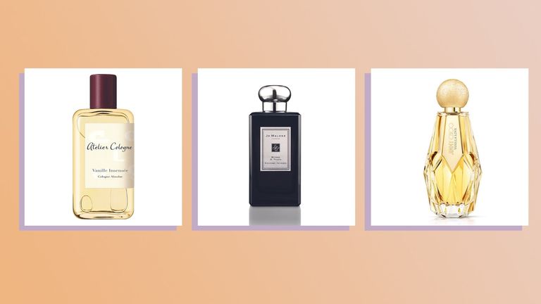 Three of the best vanilla perfumes by Atelier Cologne, Jo Malone and Serge Lutens in a collage on a peach backdrop