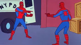 Spider-man pointing at another Spider-man in the 1960s cartoon Spider-man