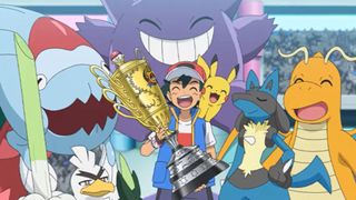 Ash Ketchum and team hoisting a Pokemon championship trophy