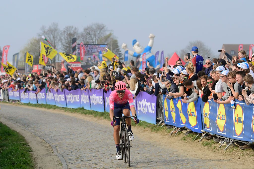 OUDENAARDE, BELGIUM - APRIL 07: Alberto Bettiol of Italy and Team EF Education First / Oude Kwaremont / Cobblestones / Fans / Public / during the 103rd Tour of Flanders 2019 - Ronde van Vlaanderen a 270,1km race from Antwerp to Oudenaarde / @RondeVlaanderen / @FlandersClassic / #RVV19 / on April 07, 2019 in Oudenaarde, Belgium. (Photo by Peter De Voecht-Pool/Getty Images)