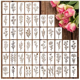 Botanical Flower Stencils for Crafts Small Wildflower Floral Paint Stencil for Painting on Wood Card Making, Tiny Nature Vine Herb Essential Art Stencils for Adults Kids Furniture Walls (50 Flowers 2)