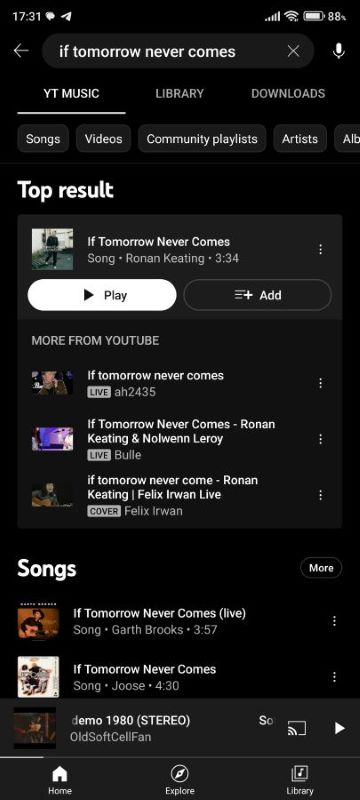 Youtube music search screen