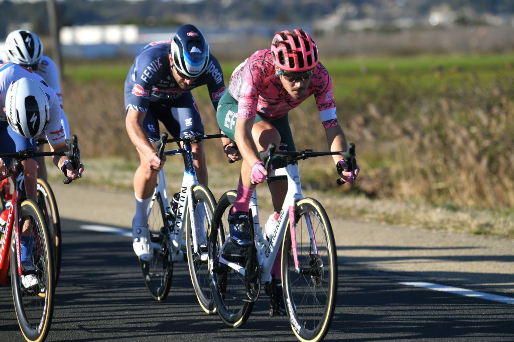 BELLEGARDESURVALSERINE FRANCE FEBRUARY 02 Alberto Bettiol of Italy and Team EF Education Easypost competes during the 52nd toile De Bessges Tour Du Gard 2022 Stage 1 a 1608km stage from Bellegarde to Bellegarde 161m EtoiledeBesseges EDB2022 on February 02 2022 in BellegardesurValserine France Photo by Luc ClaessenGetty Images
