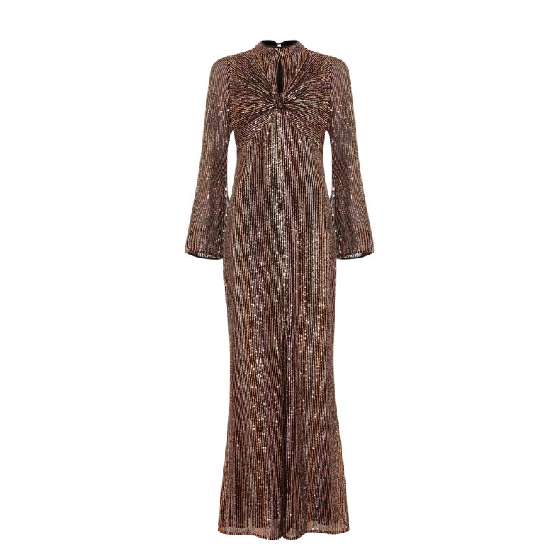 A cutout of a gold Phase Eight dress