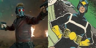 Chris Pratt's Star-Lord next to his interplanetary policeman persona from the comics