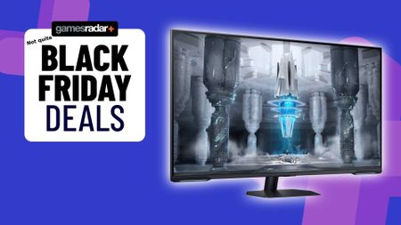 Samsung Odyssey Neo G7 with purple backdrop and 'Black Friday Deals' badge on left
