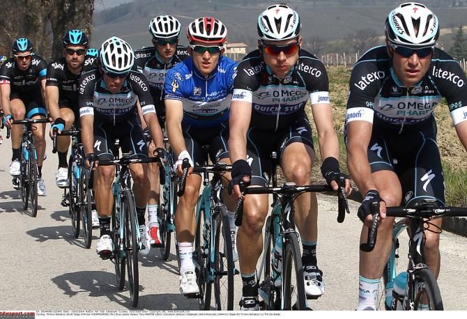 Race leader Michel Kwiatkowski (Omega Pharma-Quickstep) behind his team