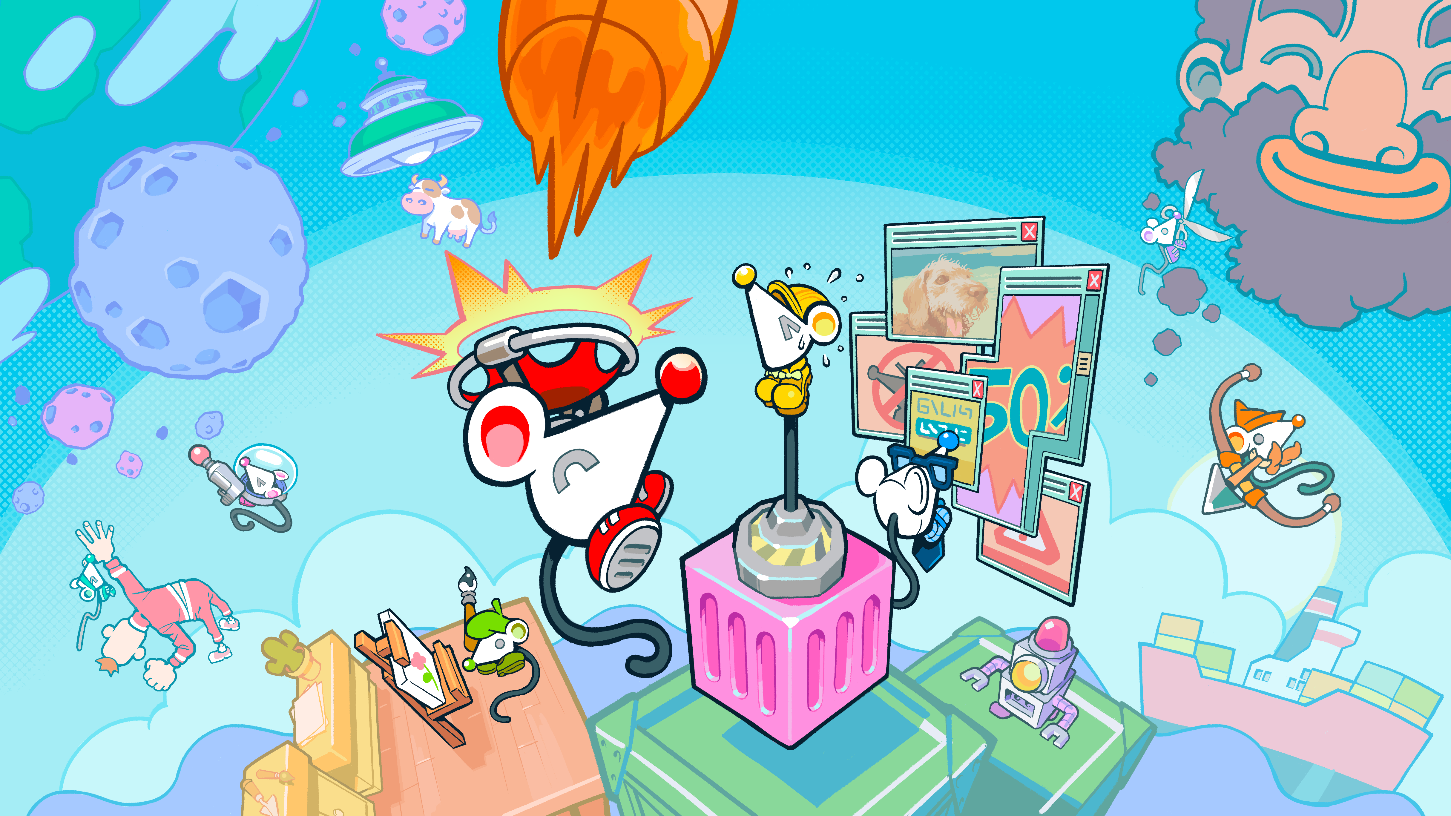 Mouse Work game interview for Nintendo Switch 2; screens from a Nintendo Switch 2 game of mice in a pixel art puzzle world