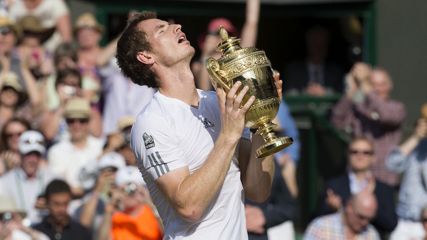 Sheer delight on the face of Andy Murray after clinching a straight sets victory at Wimbledon 2013.