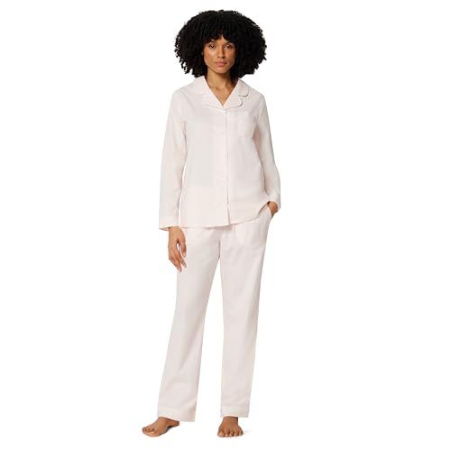 Amazon Essentials Women's Cotton Stretch Poplin Pajama Set, Long Sleeve Button-Down Shirt With Pants, Pale Pink, Medium