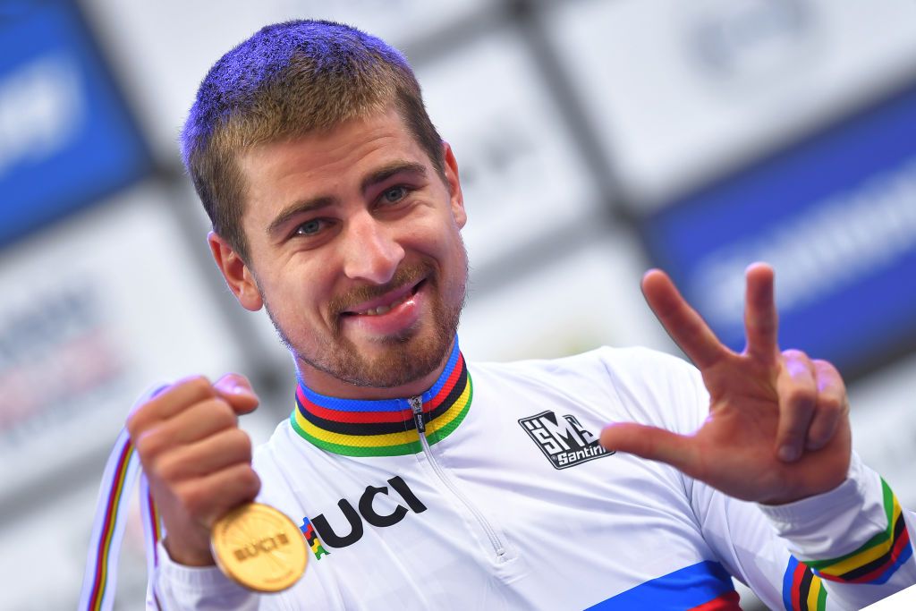 Peter Sagan (Slovakia) takes the third of his three road-race rainbow jerseys at the 2017 UCI Road World Championships in Bergen, Norway