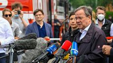 Armin Laschet speaks to reporters during a visit to Erftstadt, North Rhine-Westphalia