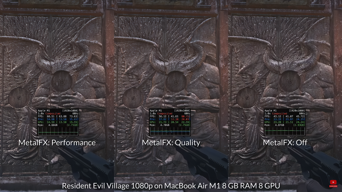 Andrew Tsai compares two MetalFX modes to native resolution against some detailed stonework in RE:Village on a Macbook Air M1.
