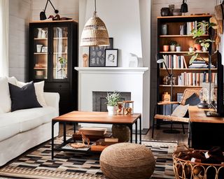A contemporary but classic living room with a bookcase and a tv bench by Ikea