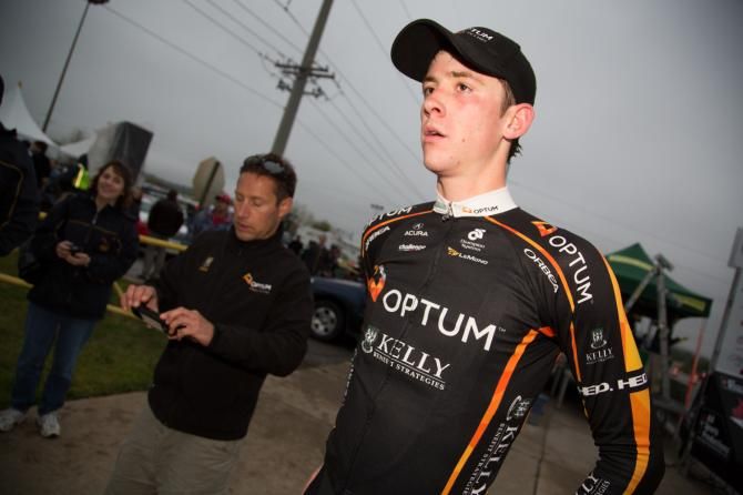 Chad Haga awaits the podium ceremony where he claimed the leader's jersey heading into the final stage.