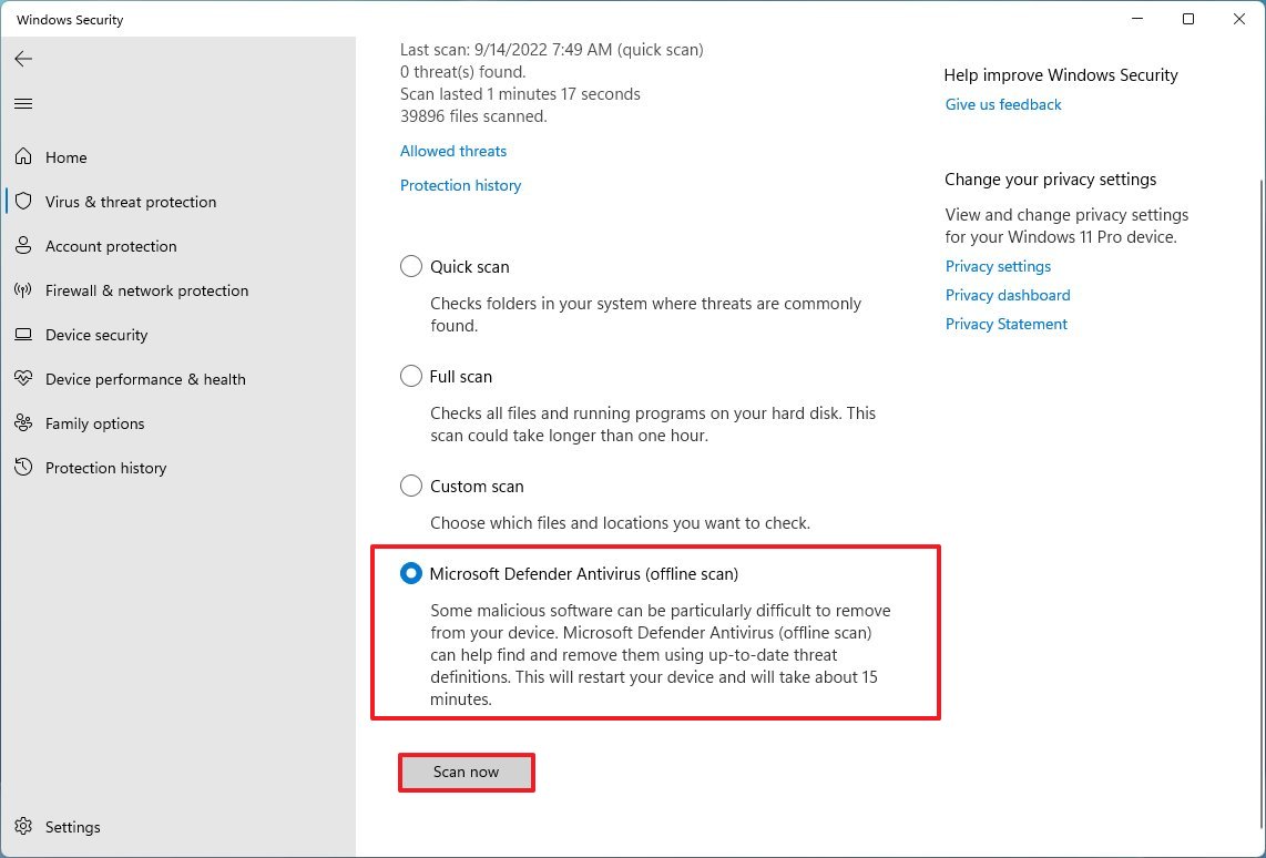 Microsoft Defender Antivirus offline scan