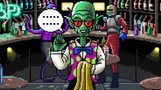 A screenshot from Omega Six The Triangle Stars, showing an alien bartender wearing a colorful purple and green waistcoat.