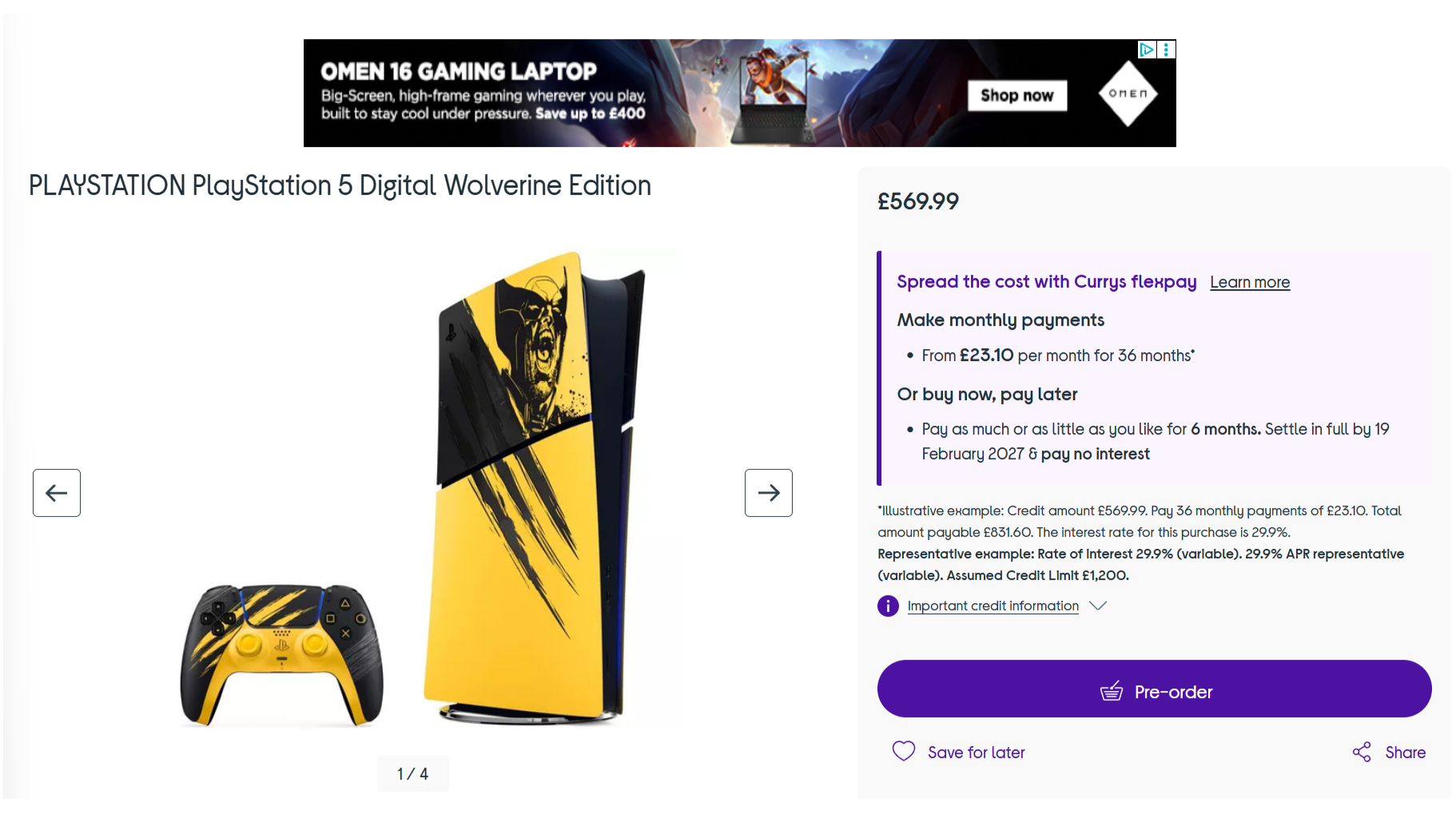 A screenshot of Currys' pre-order page for the Wolverine PS5 bundle