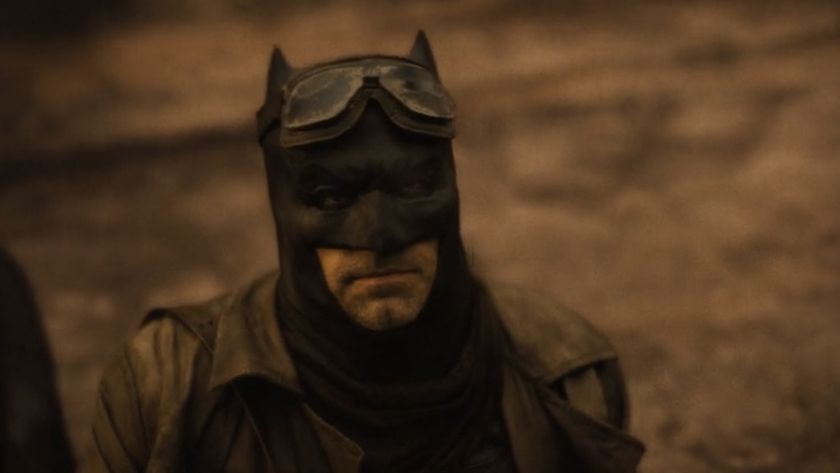 Batman looking up in the Knightmare ending of Zack Snyder's Justice League.